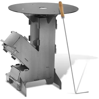 Raketenofen mit Grillplatte groß 5mm, Rocket Stove mit Feuerhaken,Kanonenofen Stecksystem aus massivem 3 mm dickem Stahl,2 zusätzlichen Standfüßen,Holzofen Outdoor für Camping, BBQ, Dutch Oven