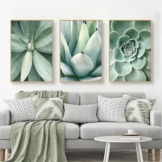 Uixxducc 3er Set Premium Poster Set, Bilder Set Pflanzen Blätter Kaktus, Moderne Grüne Pflanzen Wandbilder Wandeko für Wohnzimmer Schlafzimmer, ohne Bilderrahmen (ABC,21x30cm)