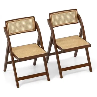 COSTWAY Esszimmerstühle 2er Set, Klappstühle Rattan, Küchenstühle aus Bambus, Esstisch Stühle mit 360° drehbarer Rückenlehne, Essstühle fü... - Braun