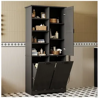 HAUSS SPOLE Badkommode Badezimmerschrank mit verstellbare Einlegeböden,Ablagefächer,Schwarz (Wäscheschrank Badezimmerschrank mit offenen Ablagefächern und Wäschekorb-Design, 1 St), Ein Mehrzweckschrank für Badezimmer