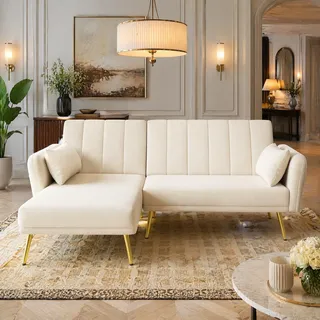 Schlafsofa Ecksofa L-form Verstellbar Samt Beige Okmyhome