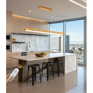 WERSVG LED Pendelleuchte Esstisch,Holz Hängeleuchte Dimmbar mit Fernbedienung Hängelampe aus Holz in Natur 70cm/90cm/120cm Decke Esstischlampe Kronleuchter für Büro Holzlampe Holzfarbe, 90CM,41W