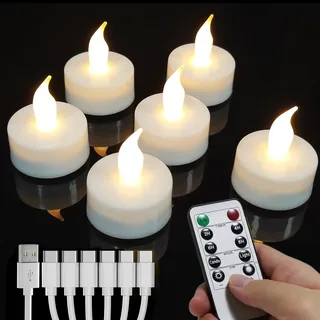 Wiederaufladbare Led Teelichter, 6 Stück Wiederaufladbare Kerzen Flackernd mit Fernbedienung und Timer,Mit 6-Port USB Ladekabel LED Kerzen für Hochzeiten Partys Halloween Weihnachten Heimdekoration