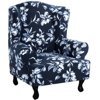 Highdi Ohrensessel Bezug 1-Teilig Elegantes Blumenmuster Sesselbezug, Sesselüberwürfe Ohrensessel Überzug Stretch Sesselhusse mit Armlehne für Relaxsessel, Fernsehsessel (Navy Blau)