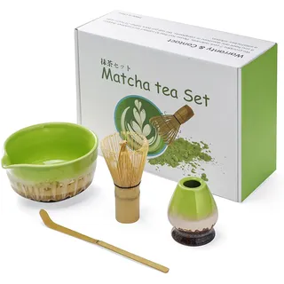 Mycketop Premium Matcha Set 4-tlg. Bambus Chasen, Teelöffel, Keramik Ausguss Schale, Ständer, Einsteiger Zubehör für Japanische Teezeremonie, Geschenk für Matcha Liebhaber, grünem Farbverlauf