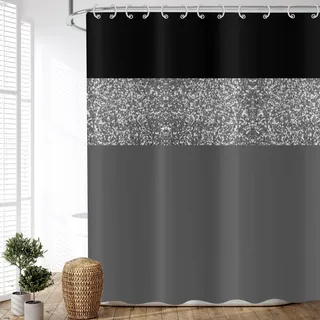 ASDCXZ Duschvorhang Glitzer 90x180 cm, Modern Schwarz Grau Glitzer Silbrig Spleißen Wasserdicht Textil Bad Duschvorhänge Waschbar Polyester Stoff Duschvorhang für Badewanne mit 6 Duschvorhang Hake