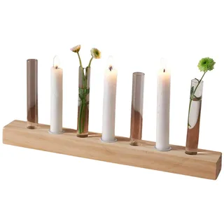 Dekoleidenschaft Dekovase Holz Dekoboard "Minimal" 4 Glasvasen & 3 Kerzenhalter Reagenzglas Vase, Kerzenständer, Lichterboard mit Blumenvase, Tischdeko beige