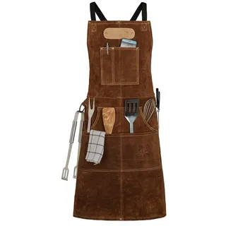 Black Forest Fox ROUGH, Arbeitsschürze Lederschürze aus Büffel Wild Leder Schürze, Rauleder, Grillschürze, Gastronomie, Barista, Kochschürze | 61x94 cm | Variabel von M - XXL Hellbraun - onze size