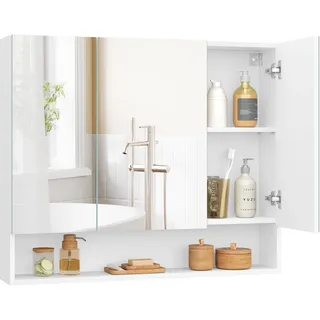 VASAGLE Kailyn Kollektion - Badezimmerschrank mit 3 Türen, Spiegelschrank, Badschrank, offenes Fach, verstellbare Ablagen, 16,5 x 90 x 75 cm, wolkenweiß