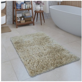 Badematte Badezimmer Teppich Shaggy Einfarbig Paco Home, 100% Polyester, Rechteckig beige Rechteckig - 40 cm x 55 cm