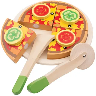 Woet® Holz Pizza Spielzeug mit Pizzaschneider, Teller und 4 Stücken, Kinderküche Zubehör für Rollenspiel, Lernspiel Geschenkidee, Ab 2 Jahren