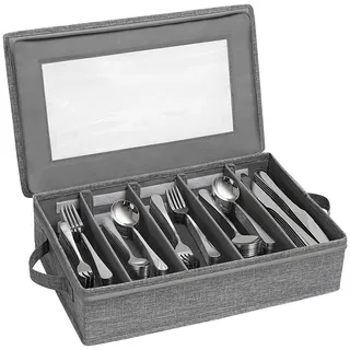 Besteckkasten mit Deckel, Besteck Aufbewahrungsbox für Bestecke, Besteckbox mit 5 Verstellbaren Fächern, Besteck Aufbewahrung für Messer, Gabel, Löffel, Küche, Restaurant und Campin(43*26*10cm)