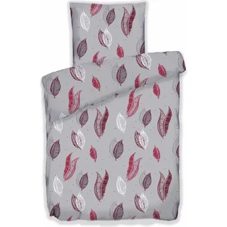 Bettwäsche Winter Flausch Fleece Thermofleece warm 2 teilig mit RV 135x200 + 80x80 cm Design: Feder rot - Grau