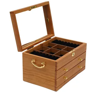 Schmuckkästchen aus Holz 3 Schichten Multifunktions Schmuck Aufbewahrungsbox, Schmuckkasten aus Holzwerkstoff, Schmuck Organizer, Schmuckbox, mit Spiegel und Schublade 29x19x17cm