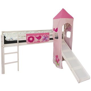 Homestyle4u 2246, Hochbett Spielbett Kinder 90x200 cm Bettgestell Holz Massiv Rosa Pink mit Leiter Rutsche Turm Vorhang