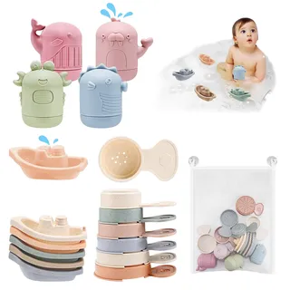 16 Stück Badewannenspielzeug,Baby Badespielzeug mit Spritztiere Boote Badelöffeln,Baby Silikon Wasserspielzeug Kinder,Schwimmbad Badewanne Bad Spielzeug für Jungen Mädchen 3 Jahre