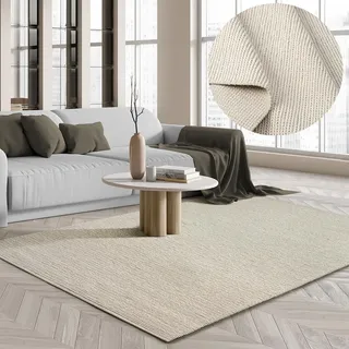 the carpet Premium Wool Handweb-Teppich, Naturfaser Wollteppich, Eleganz im skandinavischen Flachgewebe-Stil, Creme, 300 x 400 cm