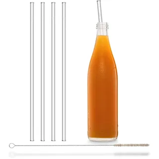 HALM Glas-Strohhalme Wiederverwendbarer Trinkhalm für Stanley Cup Quencher Tumbler - 4 Stück gerade 30 cm + plastikfreie Reinigungsbürste Spülmaschinenfest Glastrinkhalme für Trinkflaschen