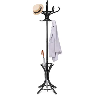 RELAX4LIFE Garderobenständer Holz, Garderobe Aufhänger inkl. 12 Kleiderhaken, Kleiderständer mit Schirmständer, Stabiler Jackenständer, bis 10 kg belastbar, für Mäntel & Hüte & Hosen, 184 cm (Schwarz)