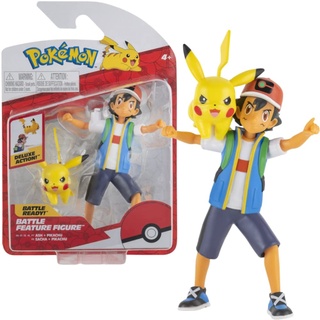 Pokémon PKW2473 - Battle Feature Figure - Ash & Pikachu, offizielle bewegliche Figuren, 11,5 cm Ash und 5 cm Pikachu