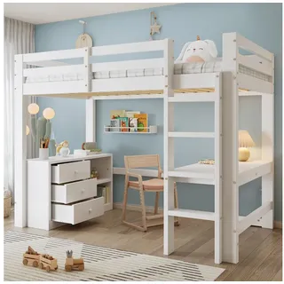 Flieks Hochbett Kinderbett 90x200cm mit Schreibtisch Schrank und vierstufiger Leiter weiß