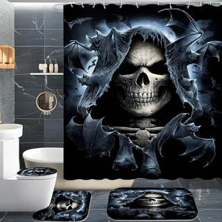 CHEFFS Totenkopf Duschvorhang 180 x 200 180 x 180 Totenkopf Rose Skull Gothic Duschvorhänge Polyeste Skull Halloween Skelett Duschvorhang Badezimmermatte 4-teiliges Set (200 x 200 cm(BxH),1)