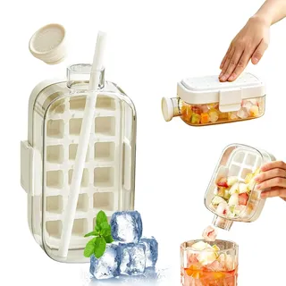 Eiswürfelflasche mit Strohhalm, 2-in-1 Silikon Eiswürfelbecher, Ein-Knopf Freisetzung, BPA-frei, für Büro, Reisen und Sport (Weiß, 800ml)