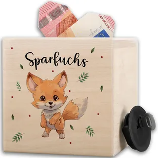 Holzspardose süßer Sparfuchs Geschenk Fuchs Spardose Kinder Holz I Fuchs Sparbüchse Taschengeld Kinder Geld Sparen Geschenk I Taschengeldkasse - 10x10cm - Holz - für mädchen