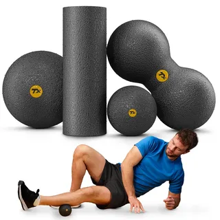 trex sport Mini Faszienrolle Faszienball 4er Set TX-025EPS | EPP Foam Roller und Duoball für Triggerpunkt-Massage und Ganzköper-Selbstmassage | Schwarz