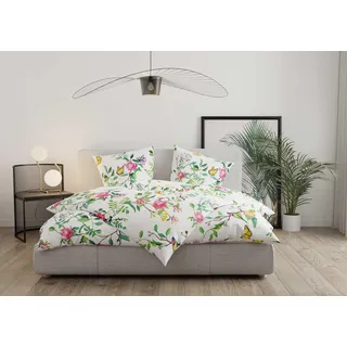 Mako Satin Blumen Bettwäsche mit Vögeln und Schmetterlingen weiß 40x80 100% Baumwolle