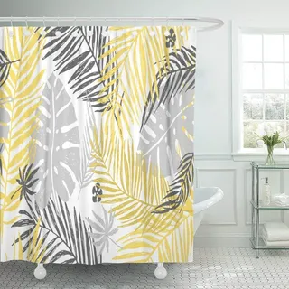 qhtqtt Duschvorhänge Wasserdichtes Gold Exotisches Muster Mit Gelb Grau Palmblättern Auf Weiß Hand Zeichnen Silhouette Baum 180X200Cm A