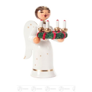 Dregeno Erzgebirge Engelfigur Engel Miniatur mit Adventskranz Höhe ca 6,5 cm NEU, mit Kerzen auf dem Kranz weiß