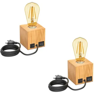 ledscom.de 2x Tischlampe HITO, Holz massiv, eckig, USB, inkl. E27 Lampe Retro, gold, max. 814lm, 3-Stufen, extra-warmweiß