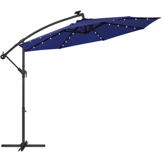 SONGMICS Sonnenschirm mit LED-Solar-Beleuchtung, Ampelschirm, Gartenschirm, 32 LED-Lämpchen, Ø 3 m, mit Ständer, UV-Schutz bis UPF 50+, mit Kurbel, für Garten, Terrasse, Marineblau GPU018L01