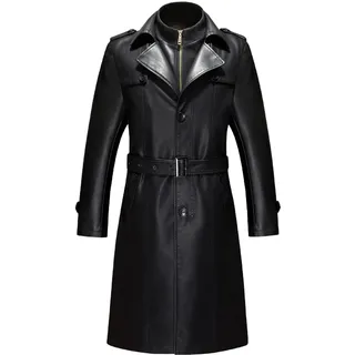 Zaylee Herren Ledermantel 3/4 Lang Trenchcoat PU Leder Military Winterjacke Lederjacke, Schwarz,Black,Long,M