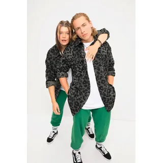 Studio Untold Sommerjacke Hemdjacke oversized Leo-Plüsch Hemdkragen Langarm schwarz L