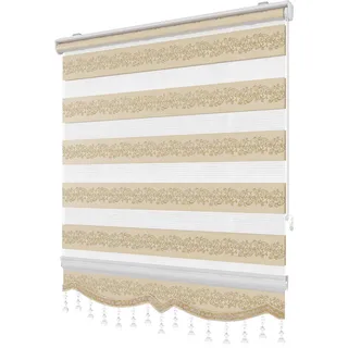 PlisseeOnline Doppelrollo Klemmfix ohne Bohren Gold Silber mit Muster und Perlen Duo Rollo für Fenster und Türen Plissee Rollo Gardine 110 x 150 cm Blickdicht Klemmrollo mit Perlen Seitenzugrollo