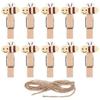 Amosfun 10 Stück Mini Holzklammern Mit Bienenmotiv Und Jutegarn Handgefertigte Wäscheklammern Für Fotos Basteln Dekoration Und Partyzubehör Perfekt Für Adventskalender Und Geschenkanhänger