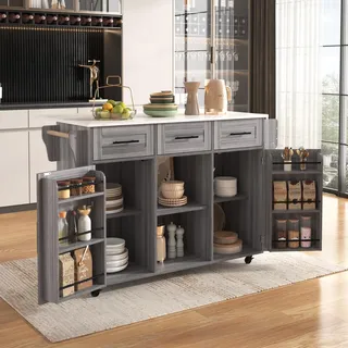 HOXINBLY Speisewagen Anrichte mit klappbare Arbeitsfläche und weiße Marmor-Furnierdekoration, Kücheninsel mit Handtuchhalter, 3 Schubladen, Schubladen Küchenwagen Küchenschrank, Grau 139×71×91,5cm