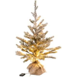 J-LINE - Weihnachtsbaum mit Schnee + LED + Batterien im Topf, Kunststoff, Grün, groß
