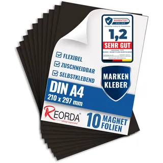 REORDA® Magnetfolie DIN A4 selbstklebend 10er Set - Magnetpapier mit starkem Marken-Kleber - Magnetplatte zuschneidbar für Kühlschrank, Tafeln & Poster - Magnetische Folie selbstklebend für's Basteln