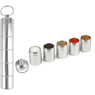 Gewürzstreuer Camping Set 5-in-1, Mini Gewürzgläser Set, Kleine & Leichte Aluminium Gewürz-Dosen Edelstahl Tragbare Gewürzdosen für Outdoor Picknick,BBQ,Reise und Küche Kochen,Camping Gewürze Zubehör