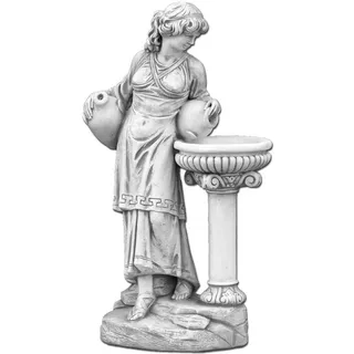 gartendekoparadies.de Gartenfigur Frau mit Vogeltränke Steinfigur 138 cm Steinguss 225 kg, Frostsicher grau
