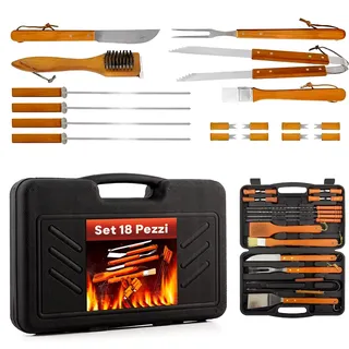 Avilia Koffer 18-teilig Grillzubehör aus Stahl und Holz, Komplett-Set BBQ, robust und langlebig
