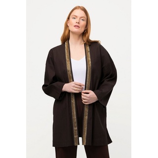 Ulla Popken Kimono Kimono-Jacke Schalkragen Leinenmix Perlenborte, Langform, Materialmix braun|grau 46/48