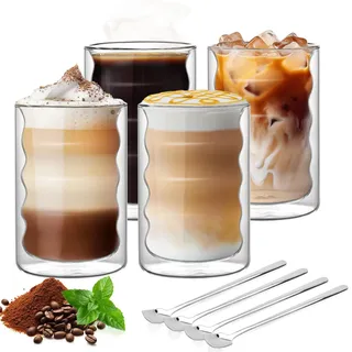 Forbabe 4er Set Latte Macchiato Gläser Doppelwandig 350ml, Spiralförmig Borosilikatglas Tassen Thermogläser Doppelwandig mit 4 Löffeln Kristallklar Kaffeegläser Cappuccino Gläser Espressotassen
