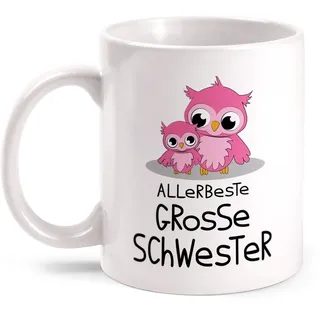 Fashionalarm Tasse Allerbeste große Schwester beidseitig bedruckt mit Motiv | Lustige Geschenk Idee Geschwister Geburtstag & Weihnachten Eulen, Farbe:weiß
