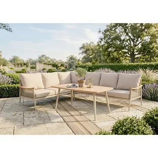 Gardenson Dining-Loungeset, Braun, Sand, Beige, Metall, Kunststoff, Textil, 3-teilig, Füllung: Baumwollfüllung, L-Form, 126x126 cm, UV-beständig, wetterbeständig, geeignet für Balkon, Loungemöbel, Gartenlounge-Sets