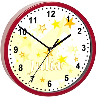 CreaDesign, WU-02-1030-03, Sterne Gelb Wanduhr für Kinderzimmer, personalisierbar mit Namen, Rahmen rot, Durchmesser 19,5 cm