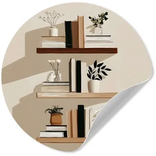 MuchoWow Wandsticker Regale - Bücher - Vasen - Pflanzen (1 St), Selbstklebende Runde Vliestapete, Wohnzimmer, 140x140 cm 140 cm x 140 cm x 0.1 cm